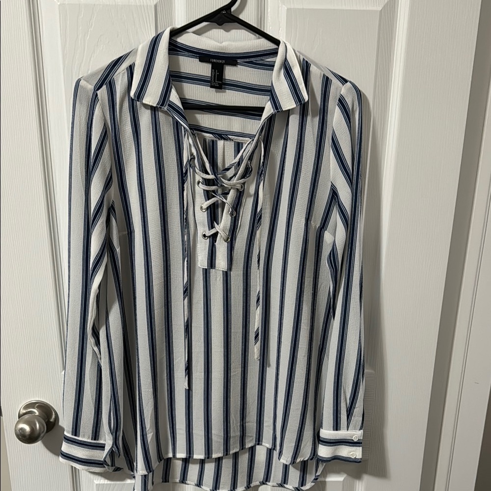 Striped Lace-Up Blouse - Blue and White